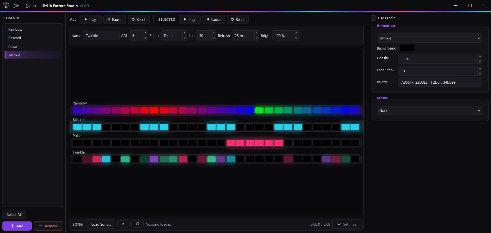 Pattern Studio 1.0.0 with four LED strands, each running a different animation: Rainbow, Bitscroll, Pulse and Twinkle