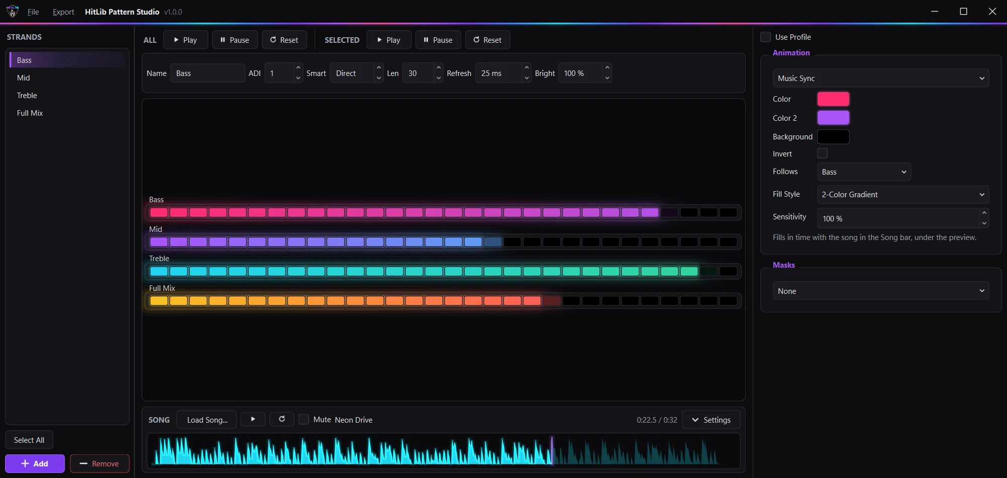 Pattern Studio 1.0.0 with four LED strands on Music Sync, each following a different band of the song: bass, mid, treble and full mix